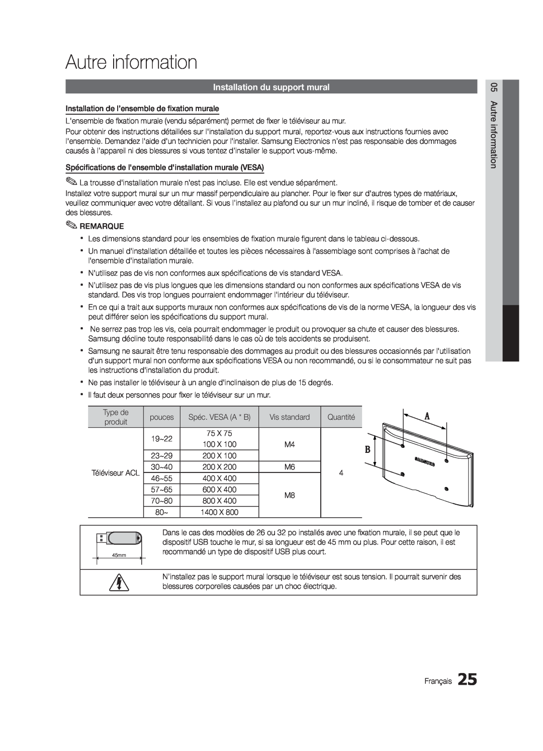 Samsung BN68-02620B-06 user manual Autre information, Installation du support mural 