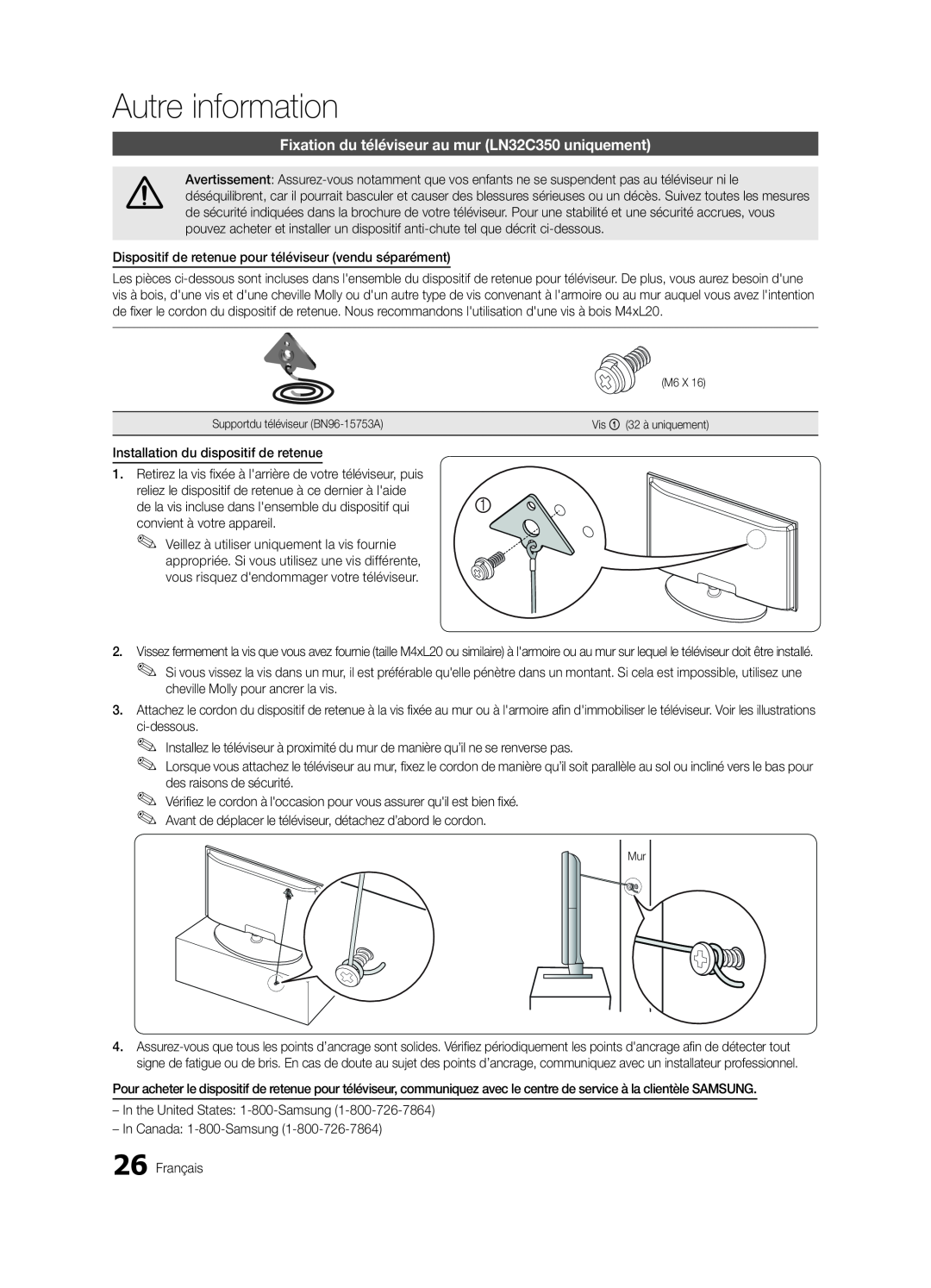Samsung BN68-02620B-06 user manual Fixation du téléviseur au mur LN32C350 uniquement, Autre information 