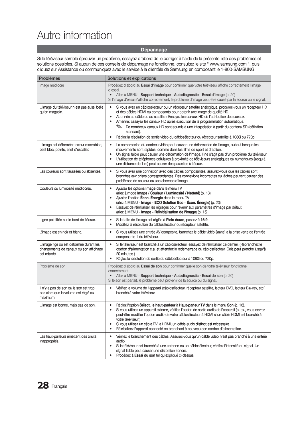 Samsung BN68-02620B-06 user manual Dépannage, Autre information, Problèmes, Solutions et explications, Français 