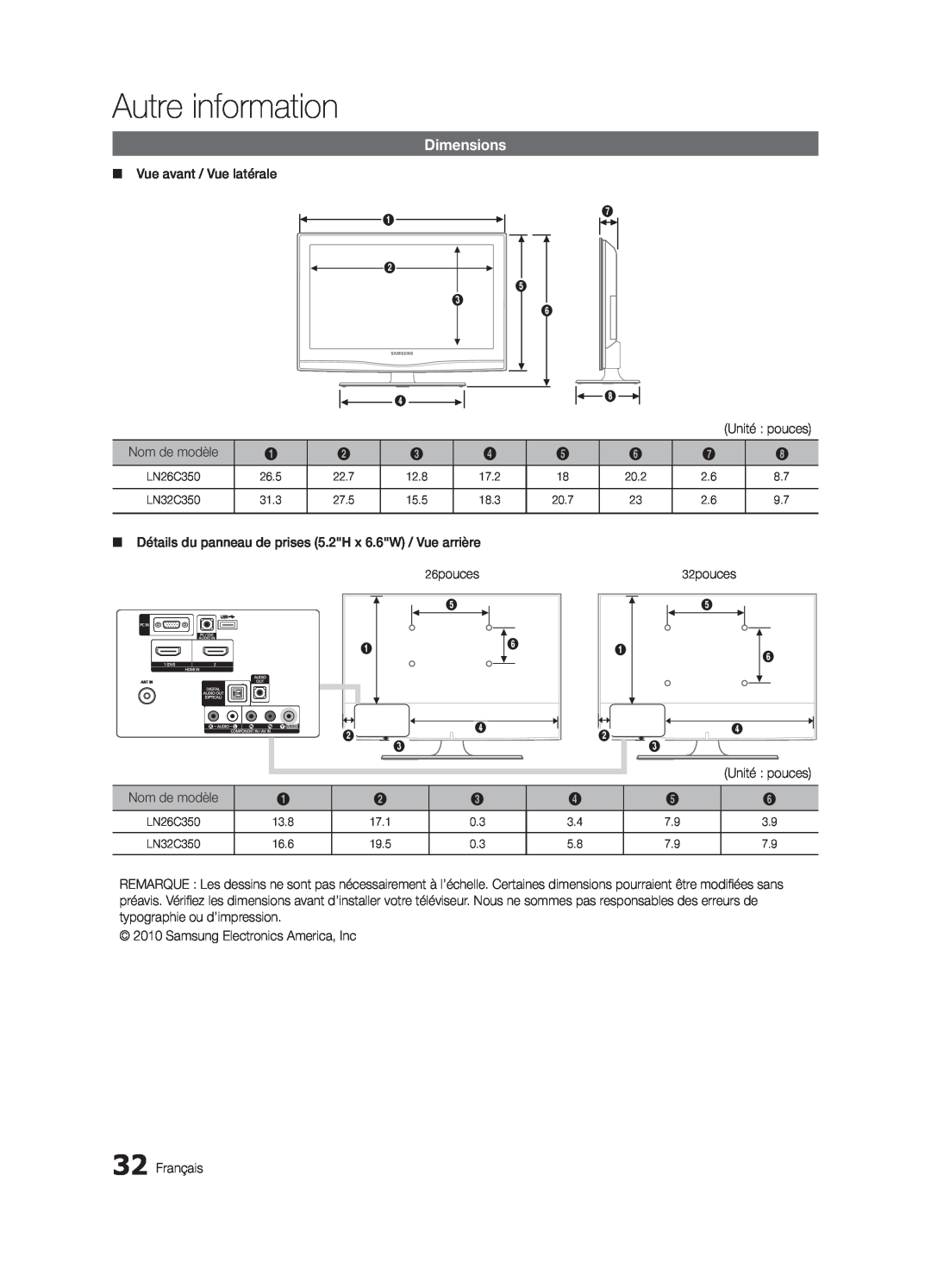 Samsung BN68-02620B-06 user manual Autre information, Dimensions, Unité pouces 