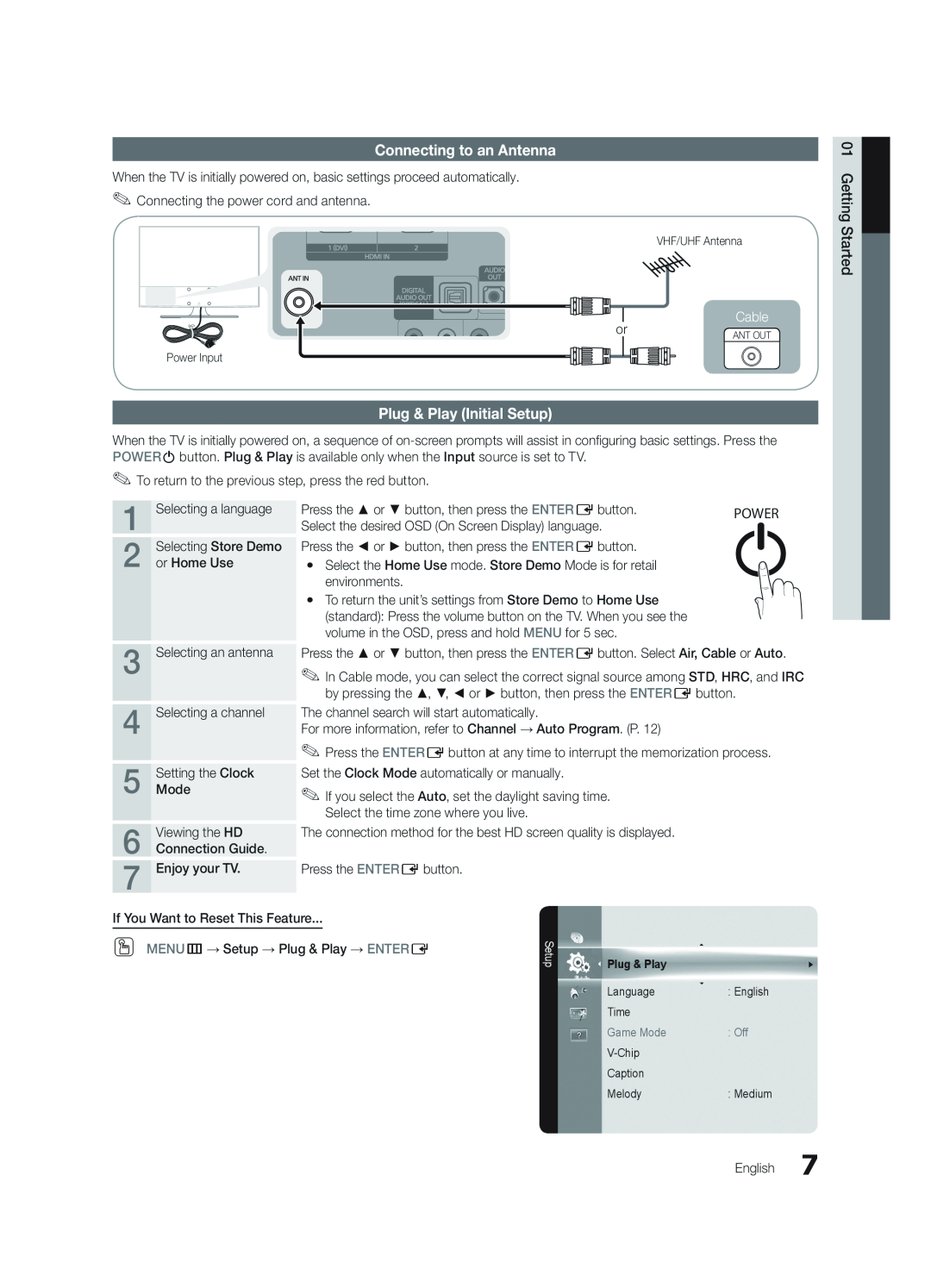 Samsung BN68-02620B-06 user manual Connecting to an Antenna, Plug & Play Initial Setup 