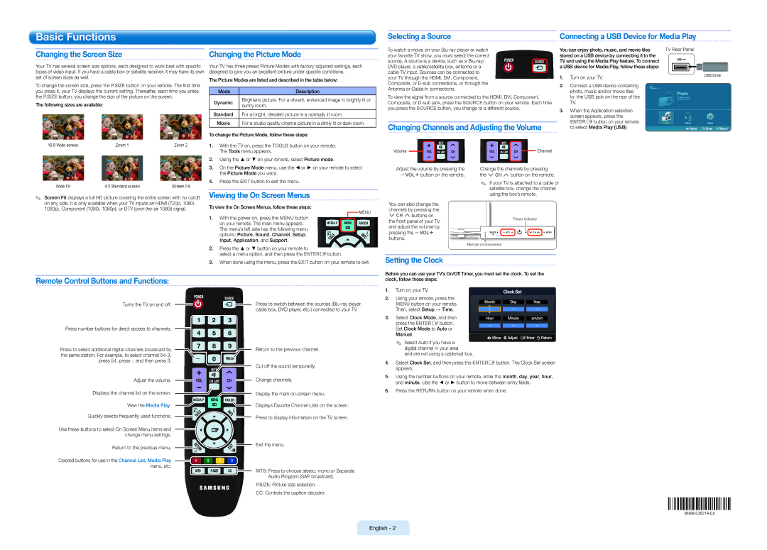 Samsung BN68-02621A-04 Changing the Picture Mode, Changing Channels and Adjusting the Volume, Viewing the On Screen Menus 