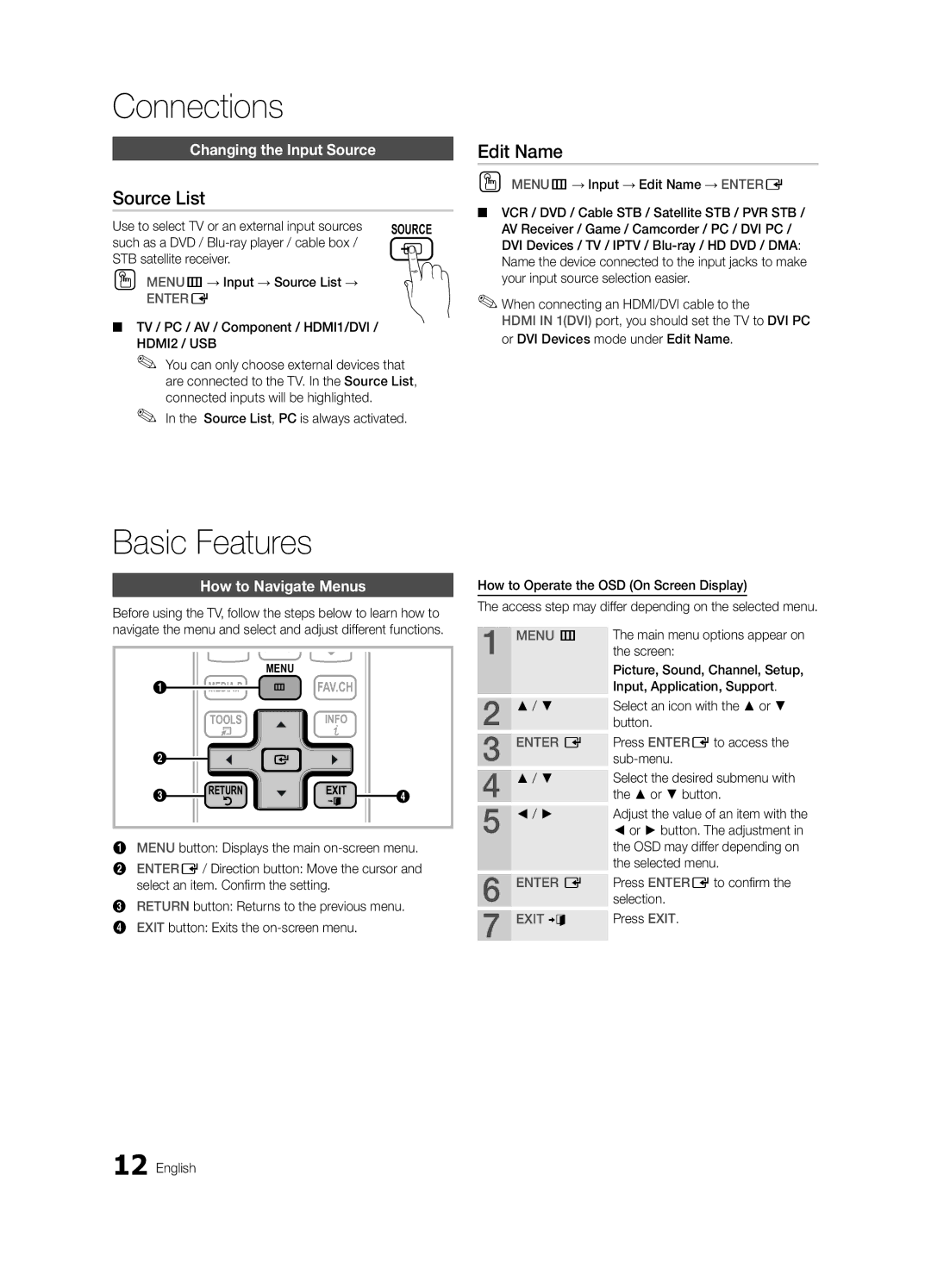 Samsung BN68-02624A-05 user manual Basic Features, Source List, Edit Name, Changing the Input Source, How to Navigate Menus 