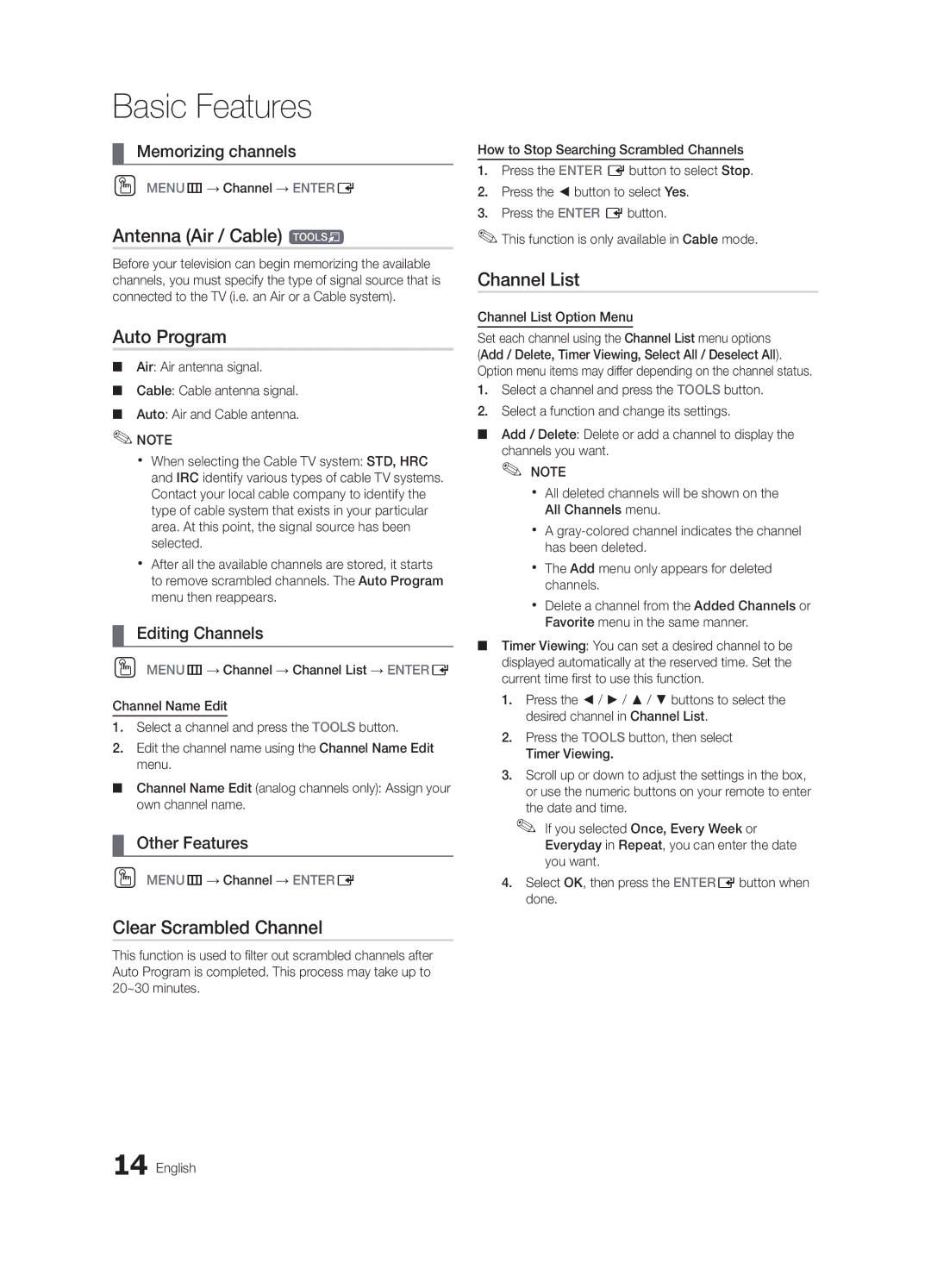 Samsung BN68-02624A-05, UN19C4000PDXZA user manual Antenna Air / Cable t, Auto Program, Clear Scrambled Channel 