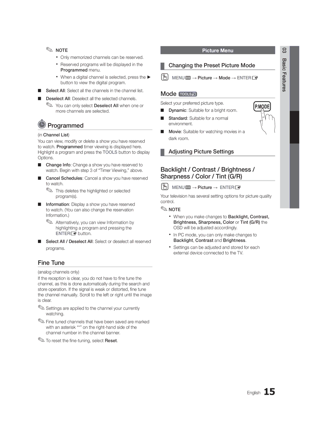 Samsung BN68-02624A-05 Programmed, Fine Tune, Mode t, Changing the Preset Picture Mode, Adjusting Picture Settings 