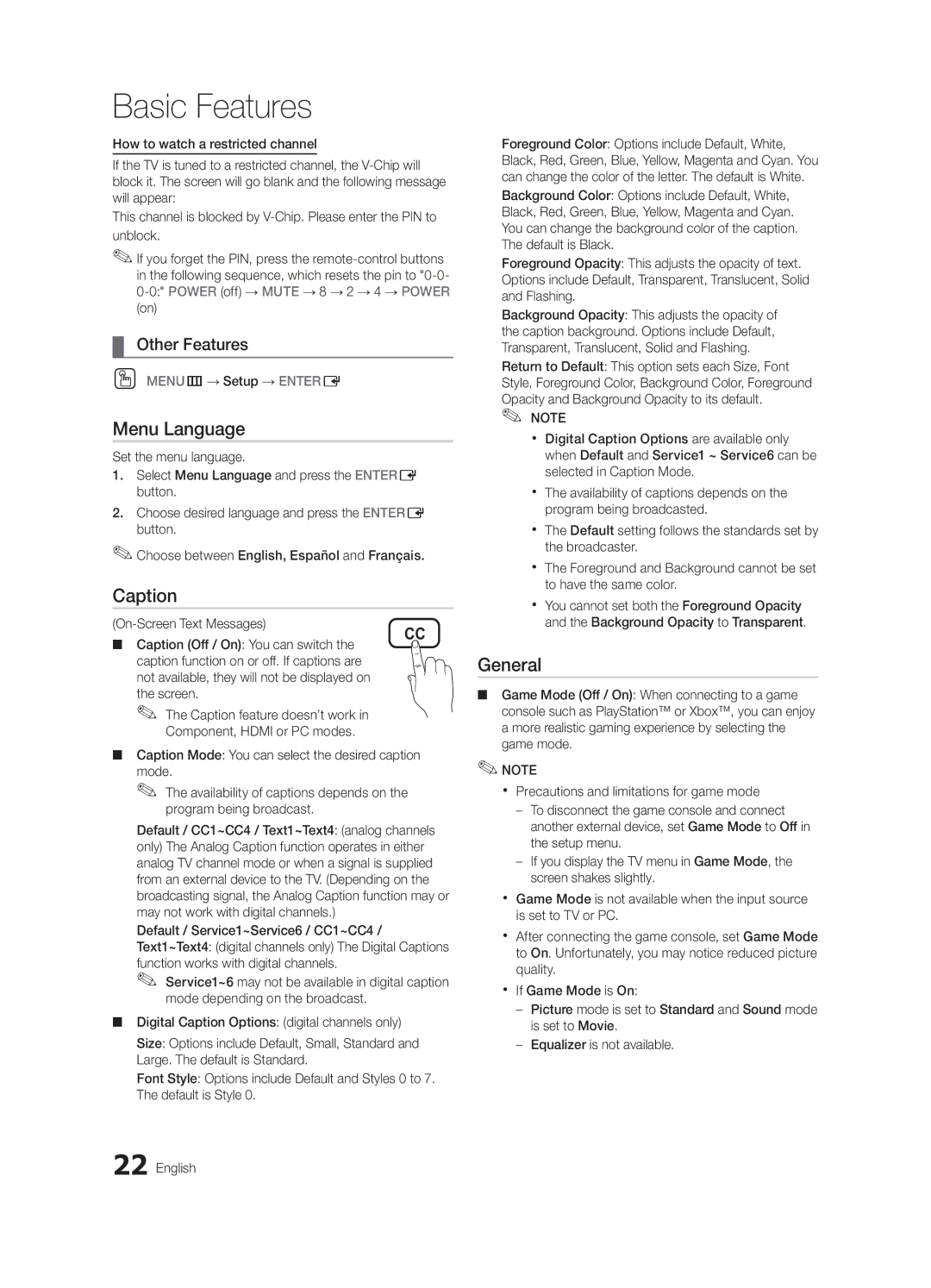 Samsung UN19C4000PDXZA, BN68-02624A-05 user manual Menu Language, Caption, General, OO MENUm → Setup → Entere 