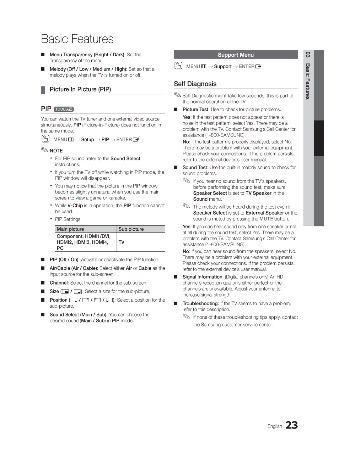 Samsung UN19C4000PD user manual PIP t, Self Diagnosis, Picture In Picture PIP, Support Menu, OO MENUm→ Support → Entere 