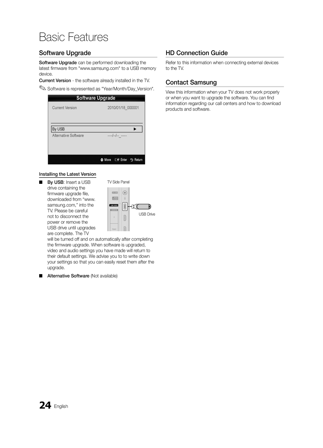 Samsung BN68-02624A-05, UN19C4000PDXZA user manual Software Upgrade, HD Connection Guide, Contact Samsung 