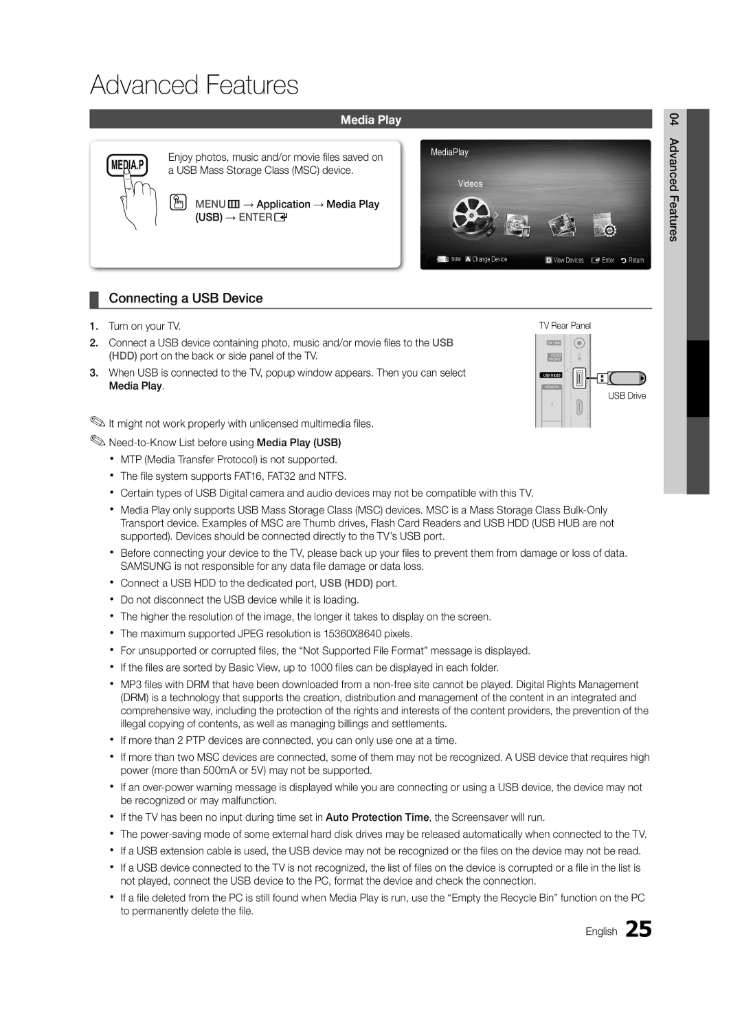 Samsung UN19C4000PDXZA, BN68-02624A-05 user manual Advanced Features, Connecting a USB Device 