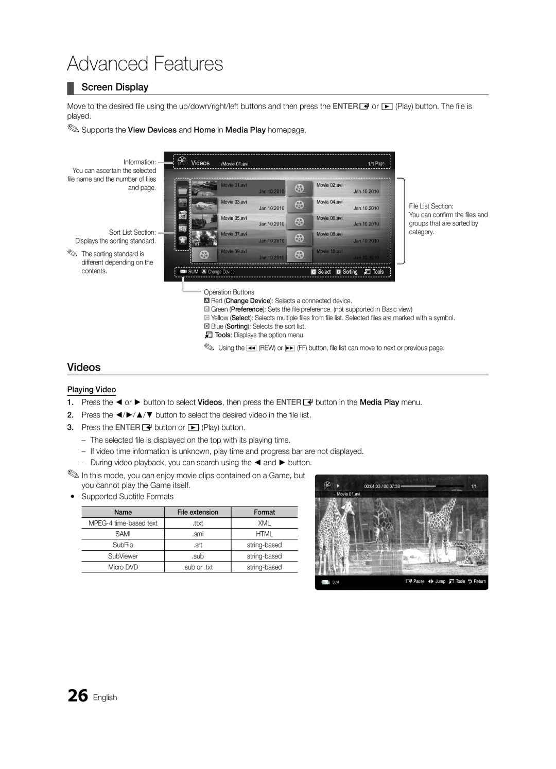 Samsung UN19C4000PD, BN68-02624A-05 Videos, Screen Display, You cannot play the Game itself, Yy Supported Subtitle Formats 