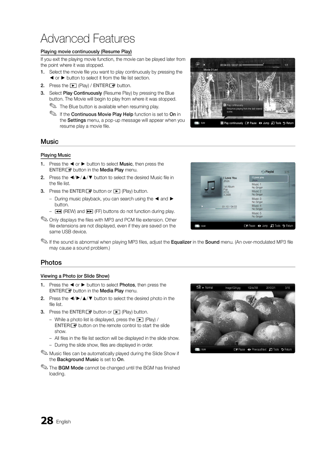 Samsung UN19C4000PDXZA, BN68-02624A-05 user manual Music, Photos 