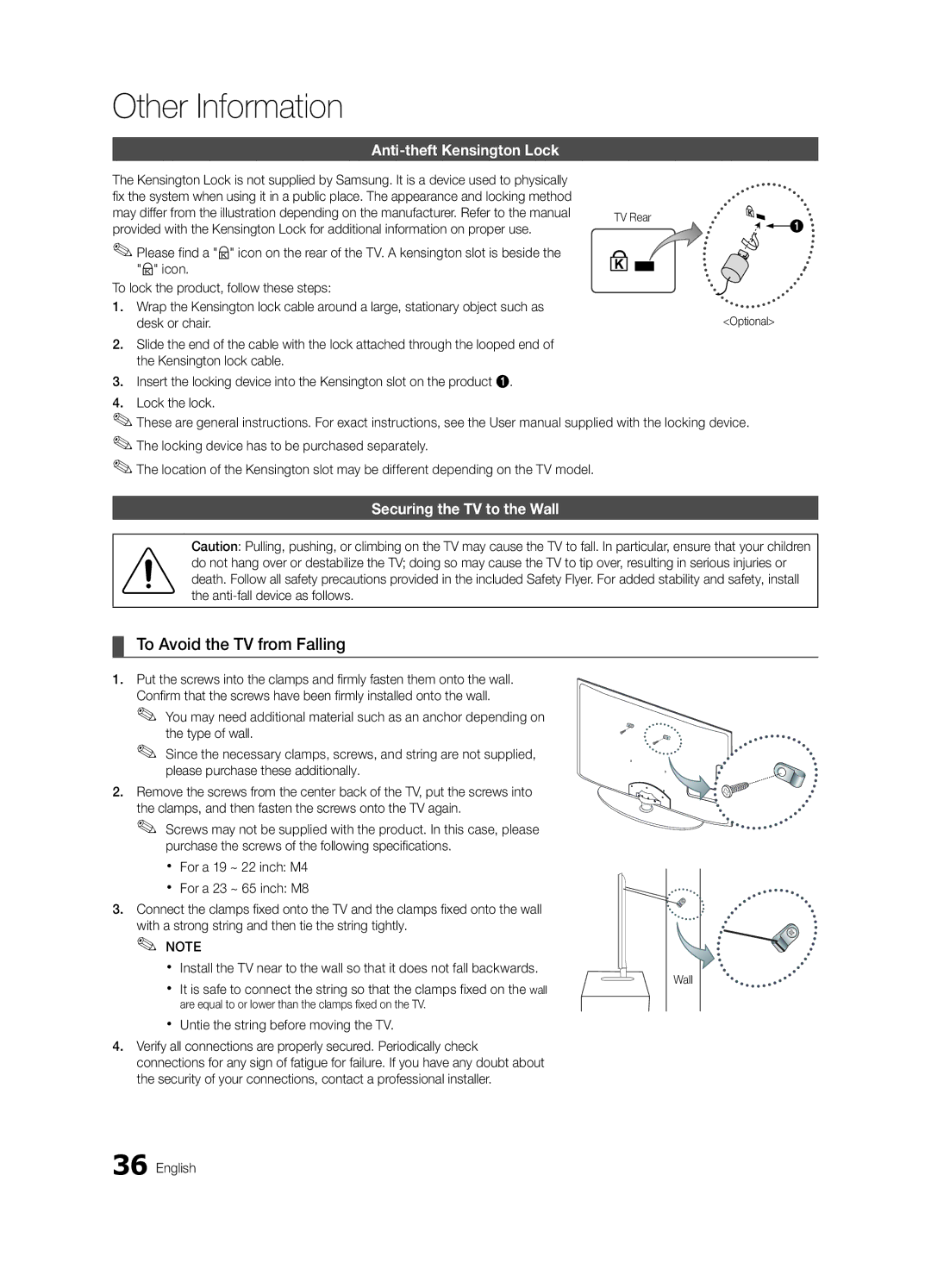 Samsung BN68-02624A-05, UN19C4000PD To Avoid the TV from Falling, Anti-theft Kensington Lock, Securing the TV to the Wall 