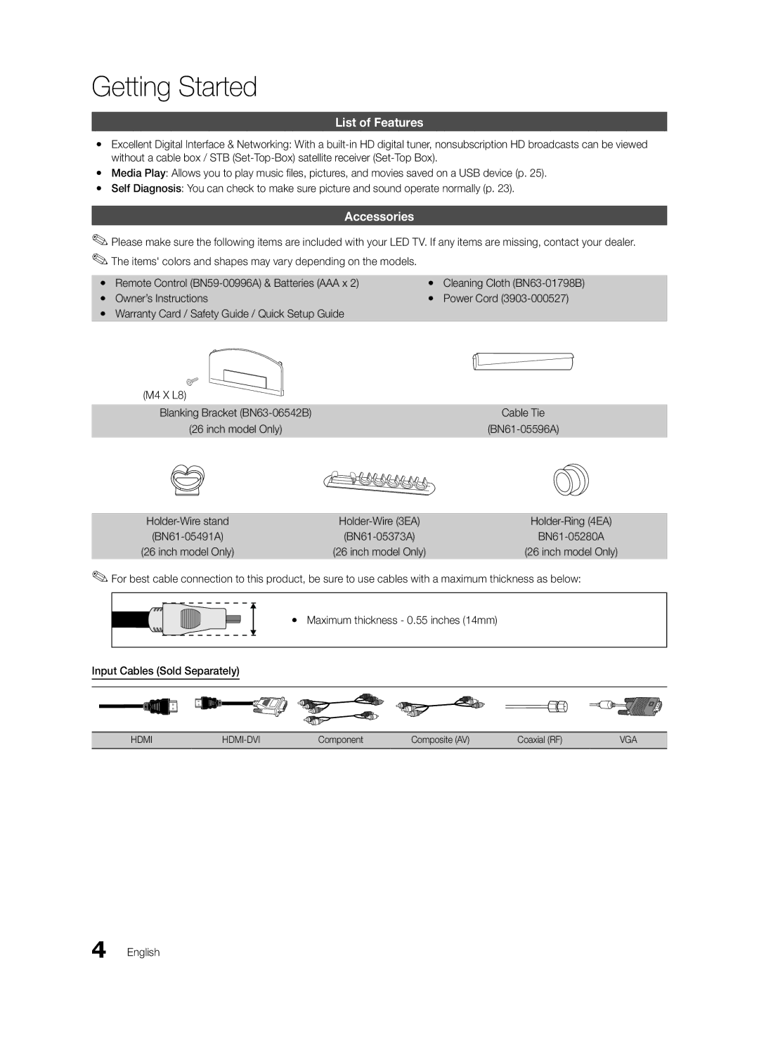 Samsung UN19C4000PDXZA, BN68-02624A-05 Getting Started, List of Features, Accessories, Cleaning Cloth BN63-01798B 