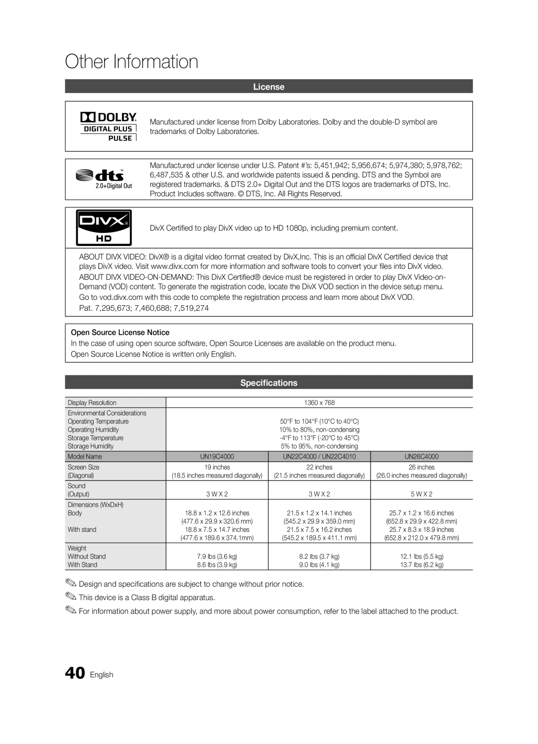 Samsung UN19C4000PDXZA, BN68-02624A-05 user manual License, Specifications 