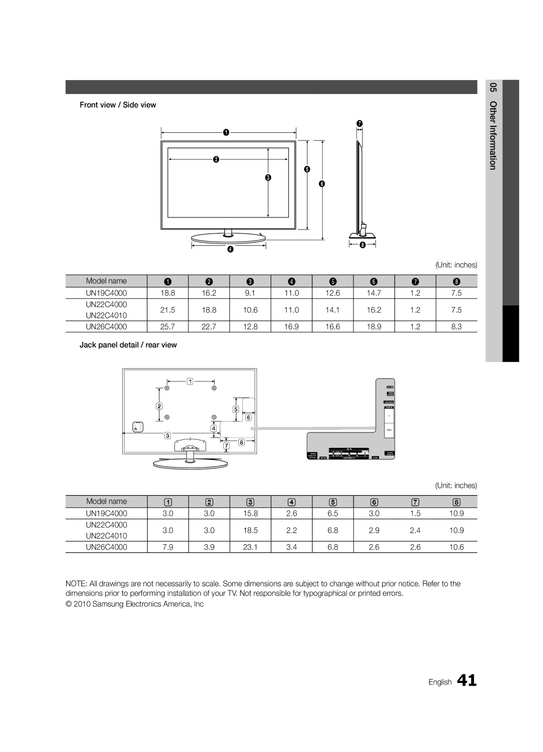 Samsung UN19C4000PD Dimensions, Front view / Side view 05InformationOher, Model name UN19C4000, UN22C4010 UN26C4000 