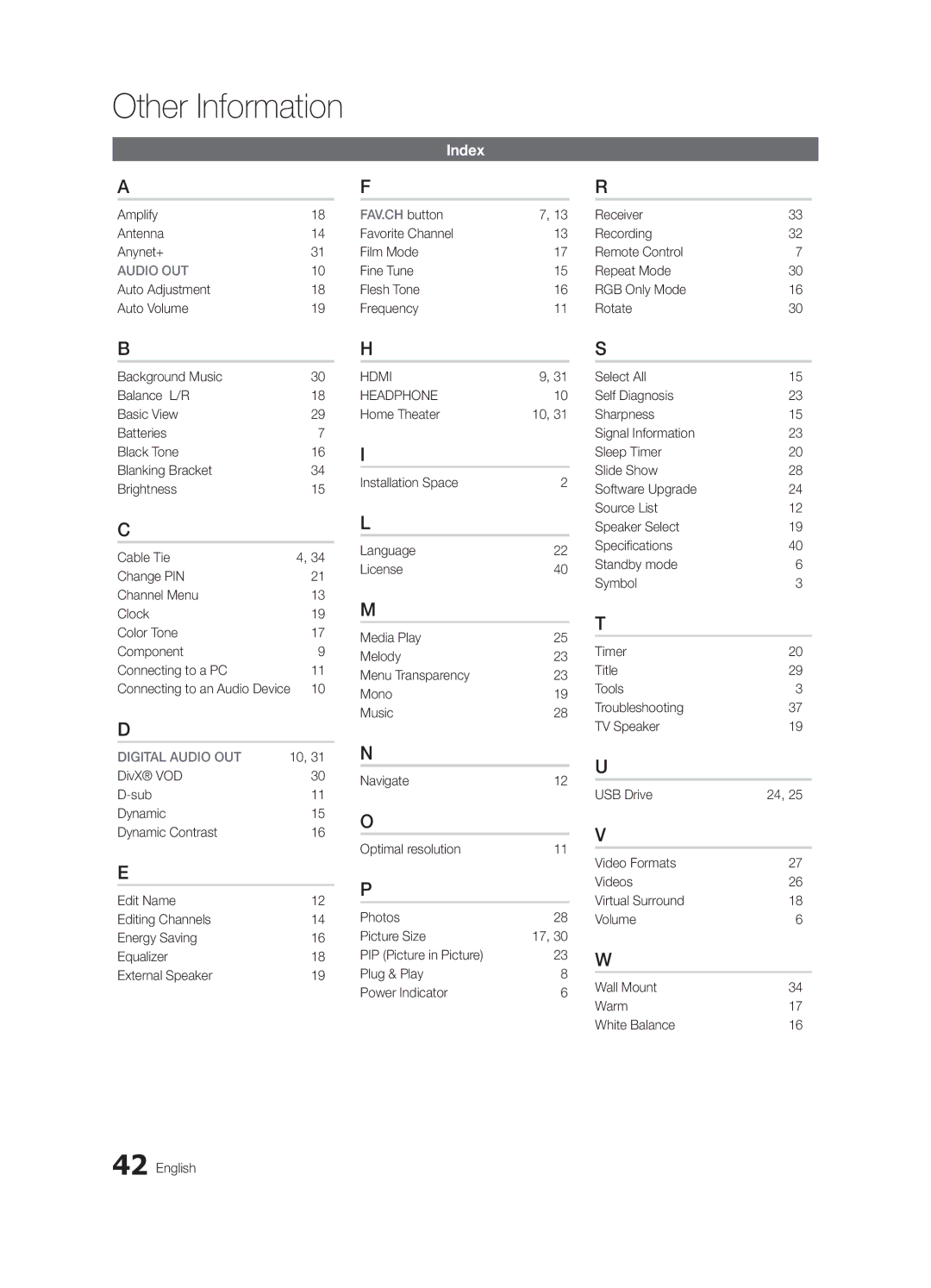 Samsung BN68-02624A-05, UN19C4000PDXZA user manual Index, Amplify Antenna Anynet+, Digital Audio OUT, Select All 