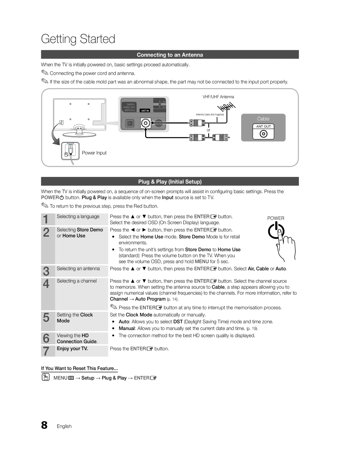 Samsung UN19C4000PD, BN68-02624A-05 Connecting to an Antenna, Plug & Play Initial Setup, Power Input, VHF/UHF Antenna 