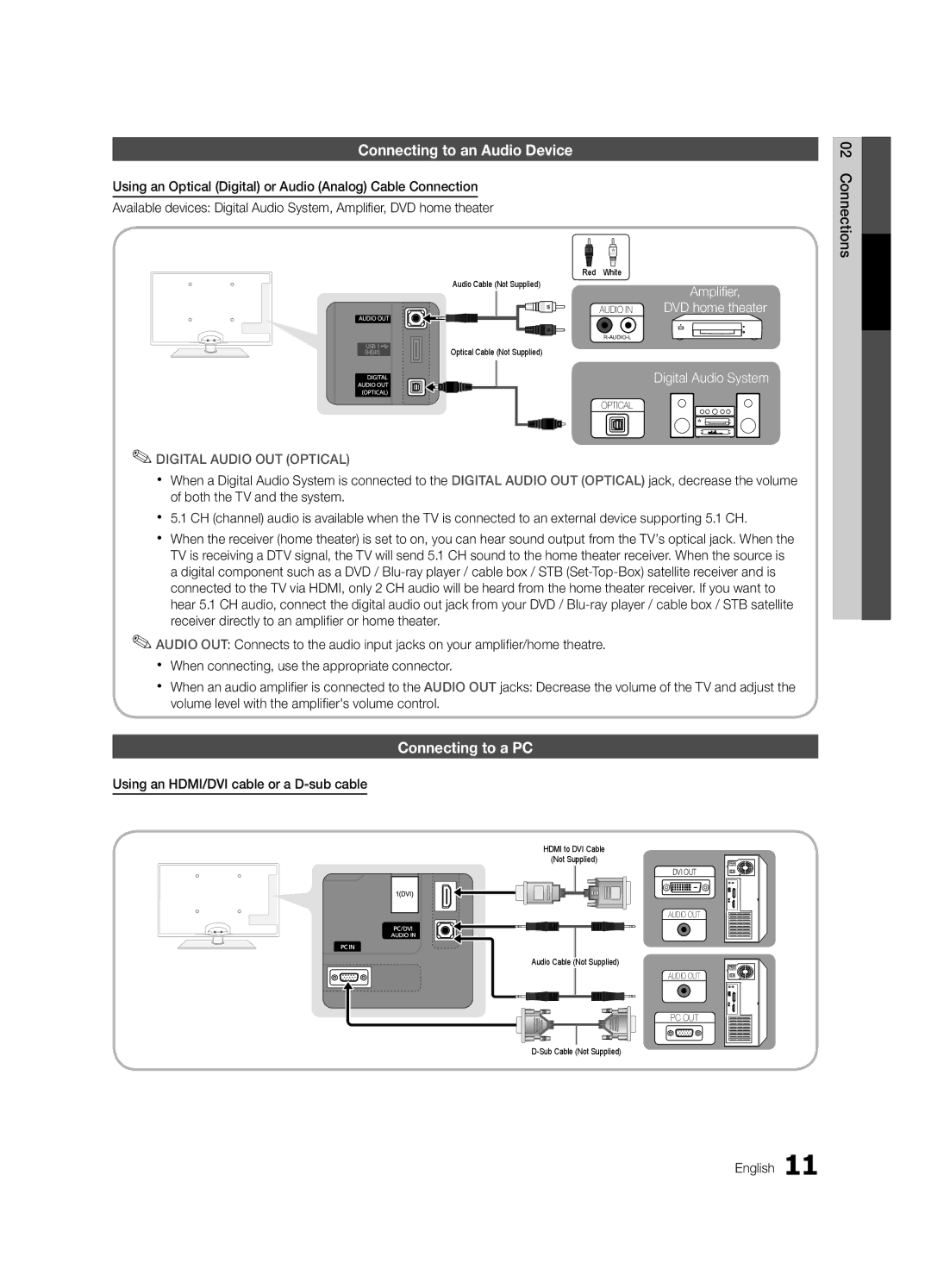 Samsung UN32C5000, UN46C5000 Connecting to an Audio Device, Connecting to a PC, Using an HDMI/DVI cable or a D-sub cable 