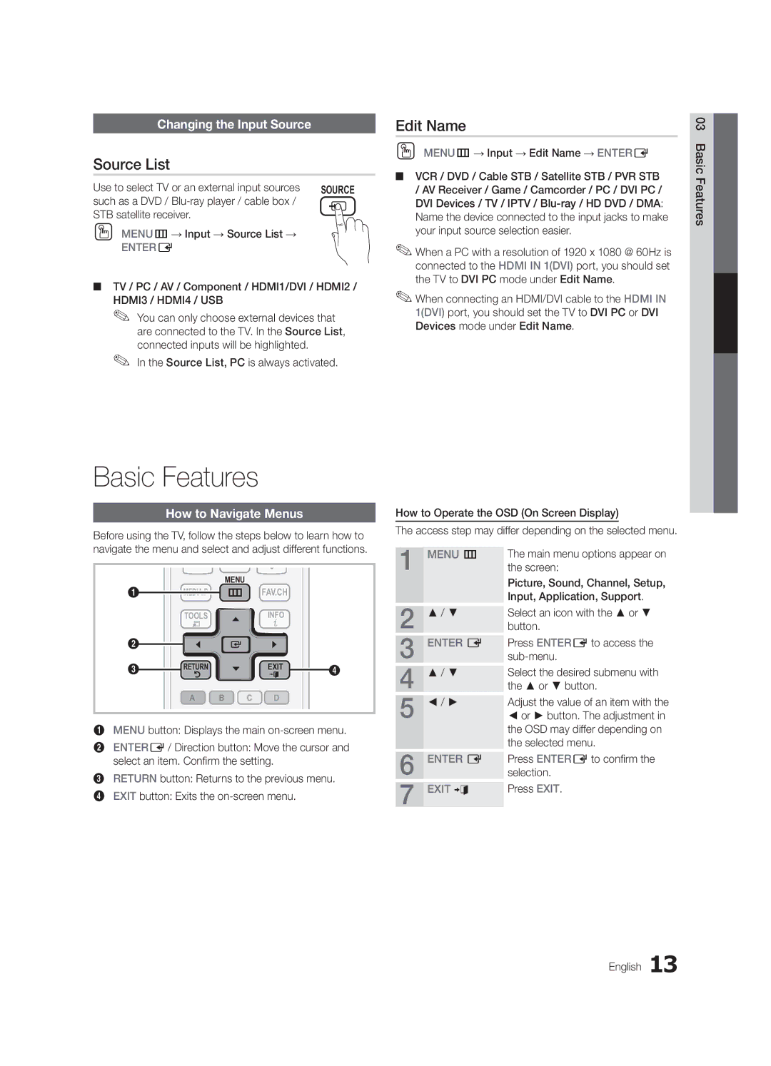 Samsung UN46C5000, BN68-02625A-02, UN37C5000 Source List, Edit Name, Changing the Input Source, How to Navigate Menus 