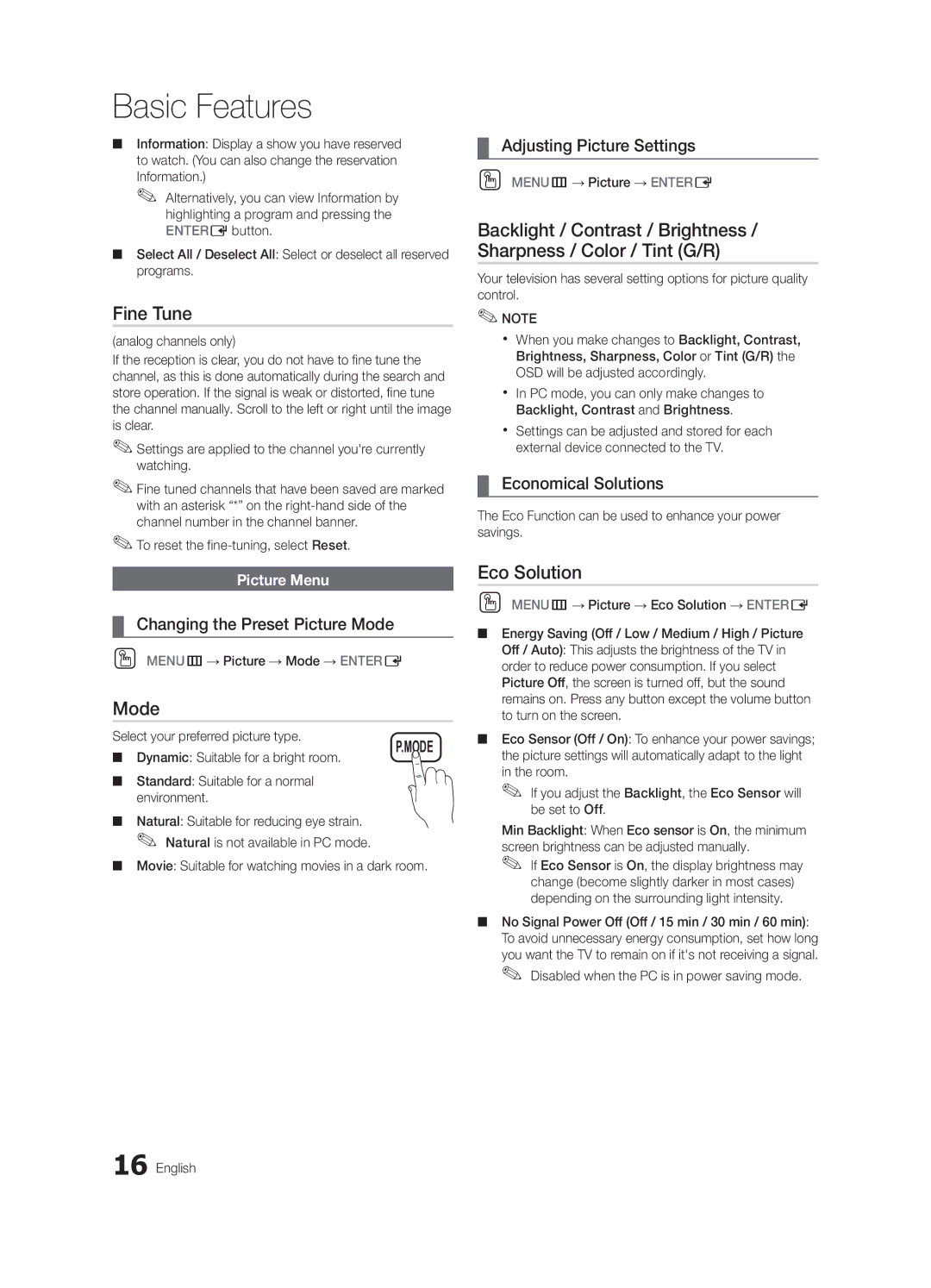 Samsung BN68-02625A-02, UN46C5000, UN37C5000, UN32C5000 user manual Fine Tune, Mode, Eco Solution 