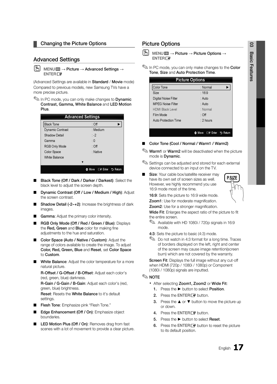 Samsung UN46C5000, BN68-02625A-02, UN37C5000, UN32C5000 user manual Advanced Settings, Changing the Picture Options 