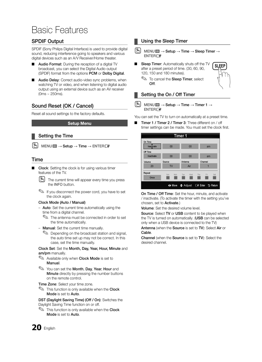 Samsung BN68-02625A-02, UN46C5000, UN37C5000, UN32C5000 user manual Spdif Output, Sound Reset OK / Cancel, Time 