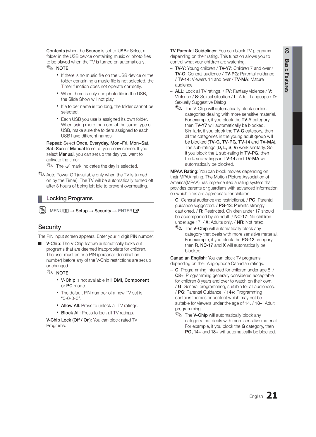 Samsung UN46C5000, BN68-02625A-02, UN37C5000, UN32C5000 user manual Security, Locking Programs 