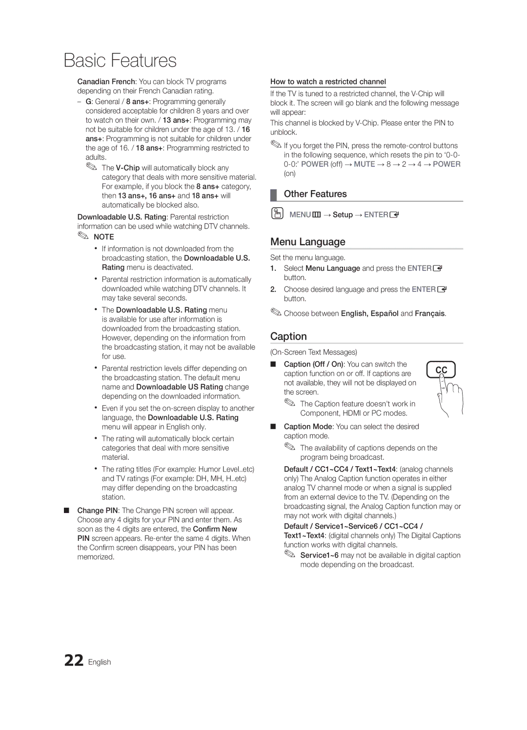 Samsung UN37C5000, BN68-02625A-02, UN46C5000, UN32C5000 user manual Menu Language, Caption, OO MENUm→ Setup → Entere 