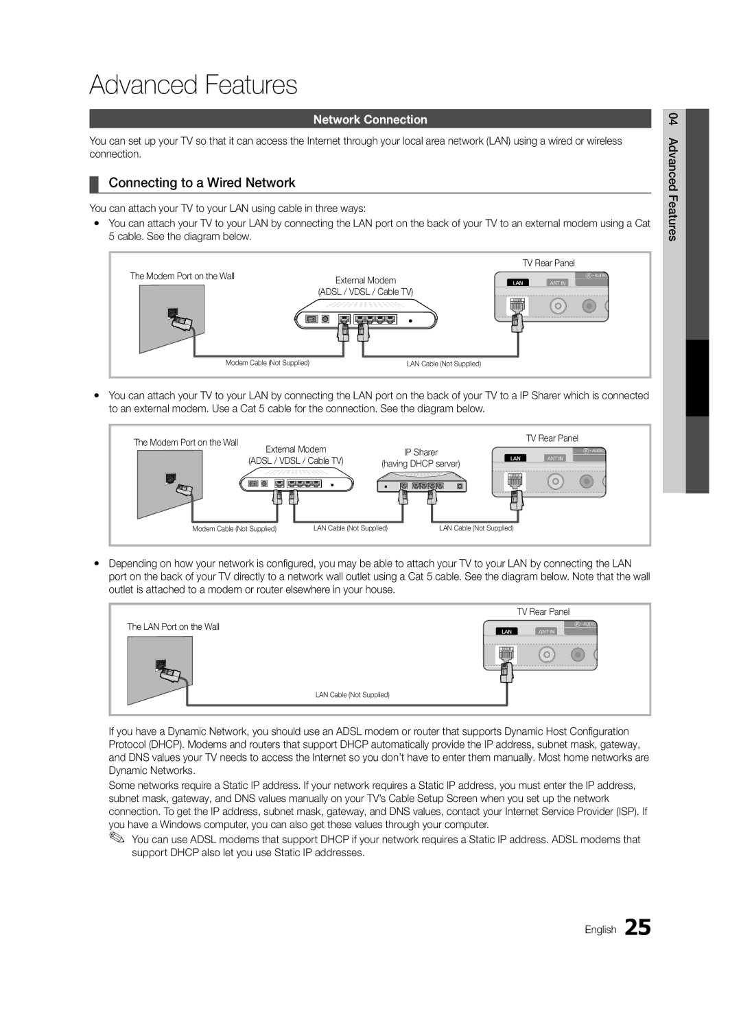 Samsung UN46C5000 Connecting to a Wired Network, Network Connection, Modem Port on the Wall, LAN Port on the Wall 