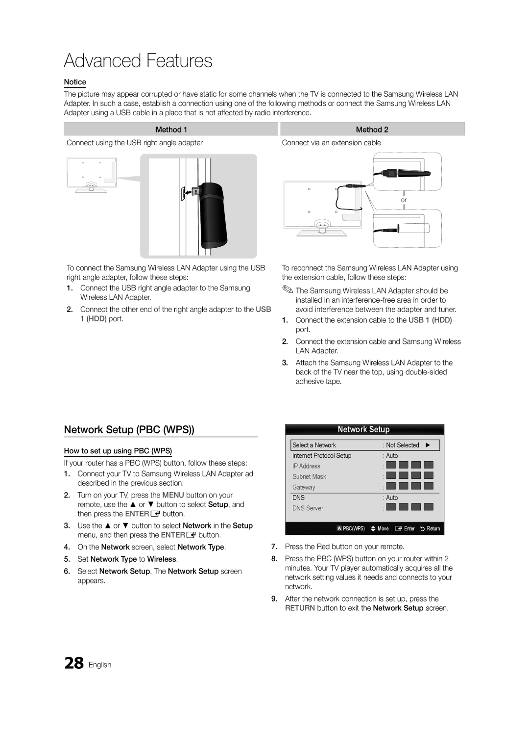 Samsung BN68-02625A-02, UN46C5000, UN37C5000, UN32C5000 user manual Network Setup PBC WPS 