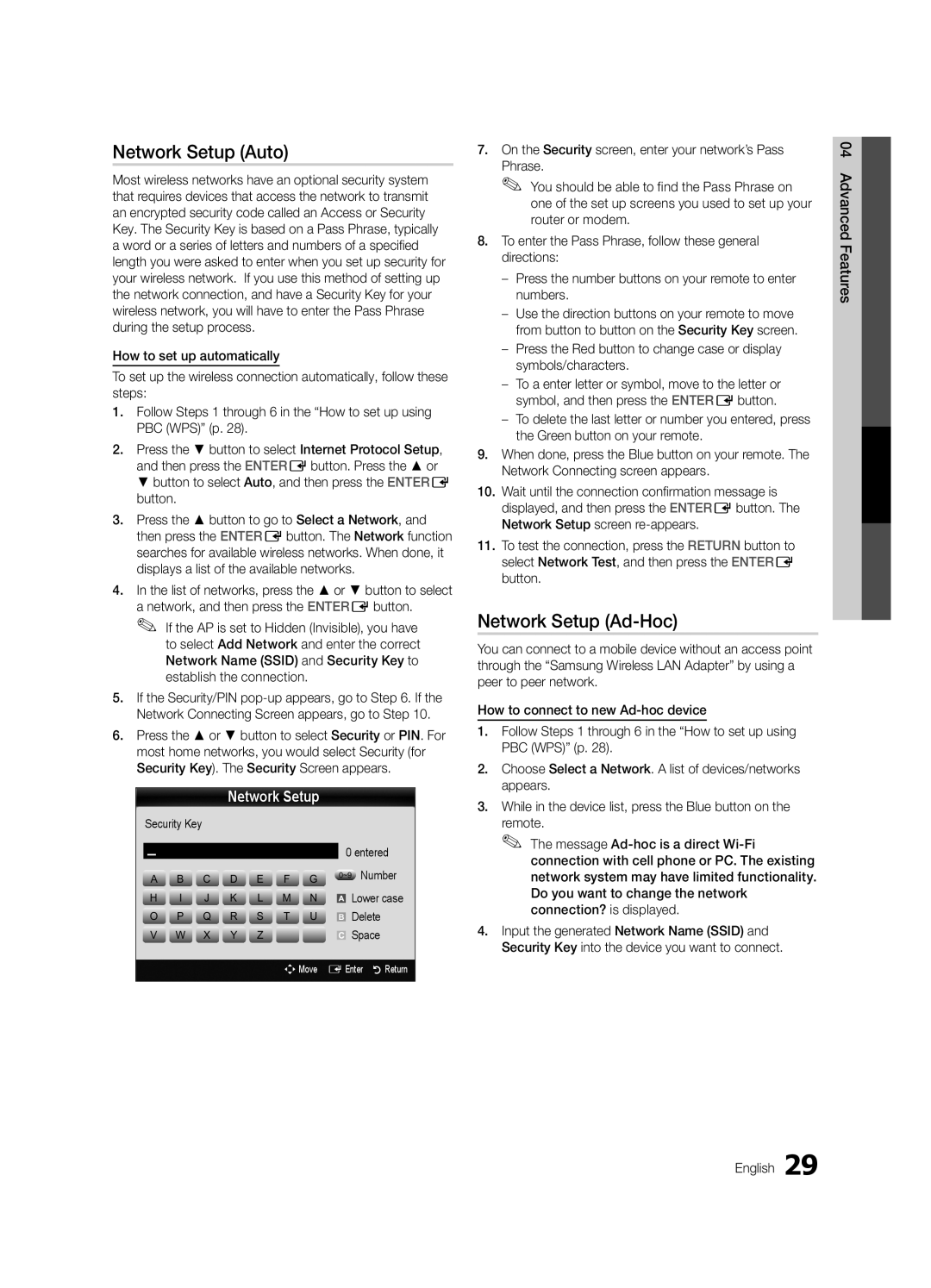 Samsung UN46C5000, BN68-02625A-02 Network Setup Ad-Hoc, Advanced Features English, Security Key Entered ~9 Number, Delete 