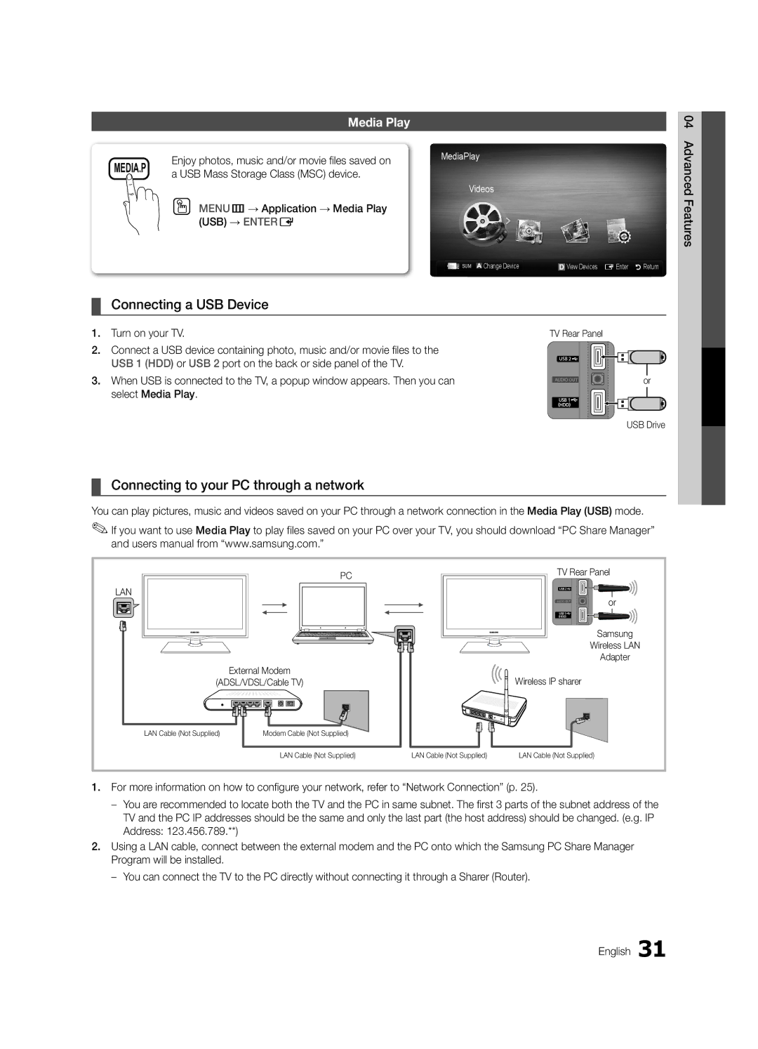 Samsung UN32C5000 Connecting a USB Device, Connecting to your PC through a network, USB Mass Storage Class MSC device 