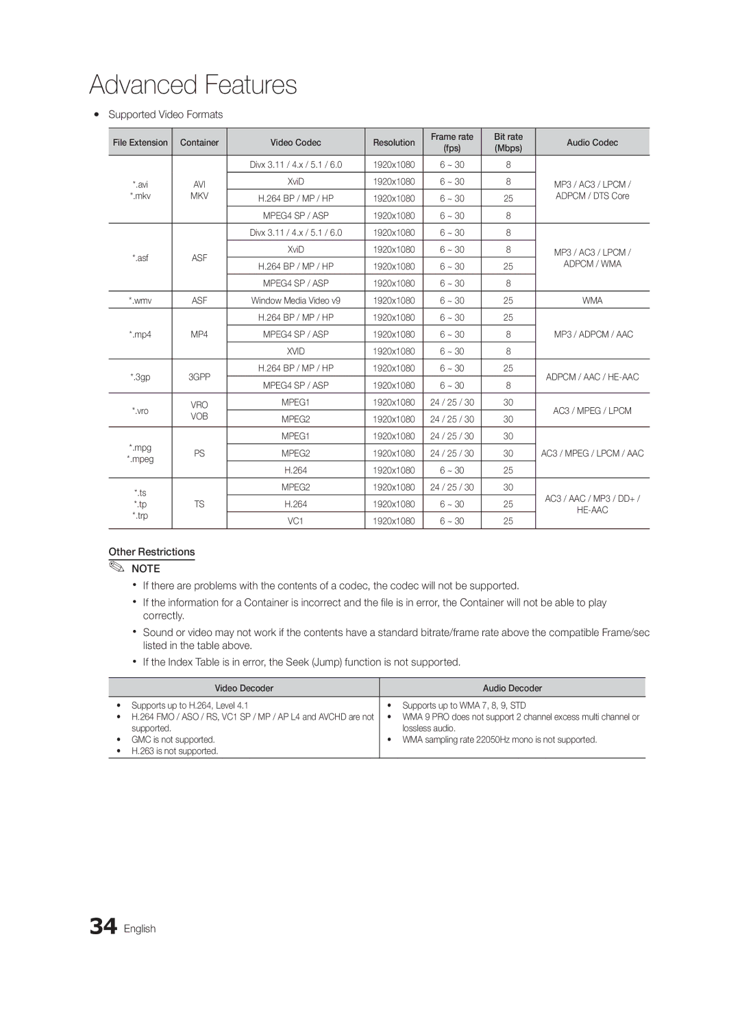 Samsung UN37C5000, BN68-02625A-02, UN46C5000 Yy Supported Video Formats, Mbps, Mkv, 1920x1080 Adpcm / DTS Core 