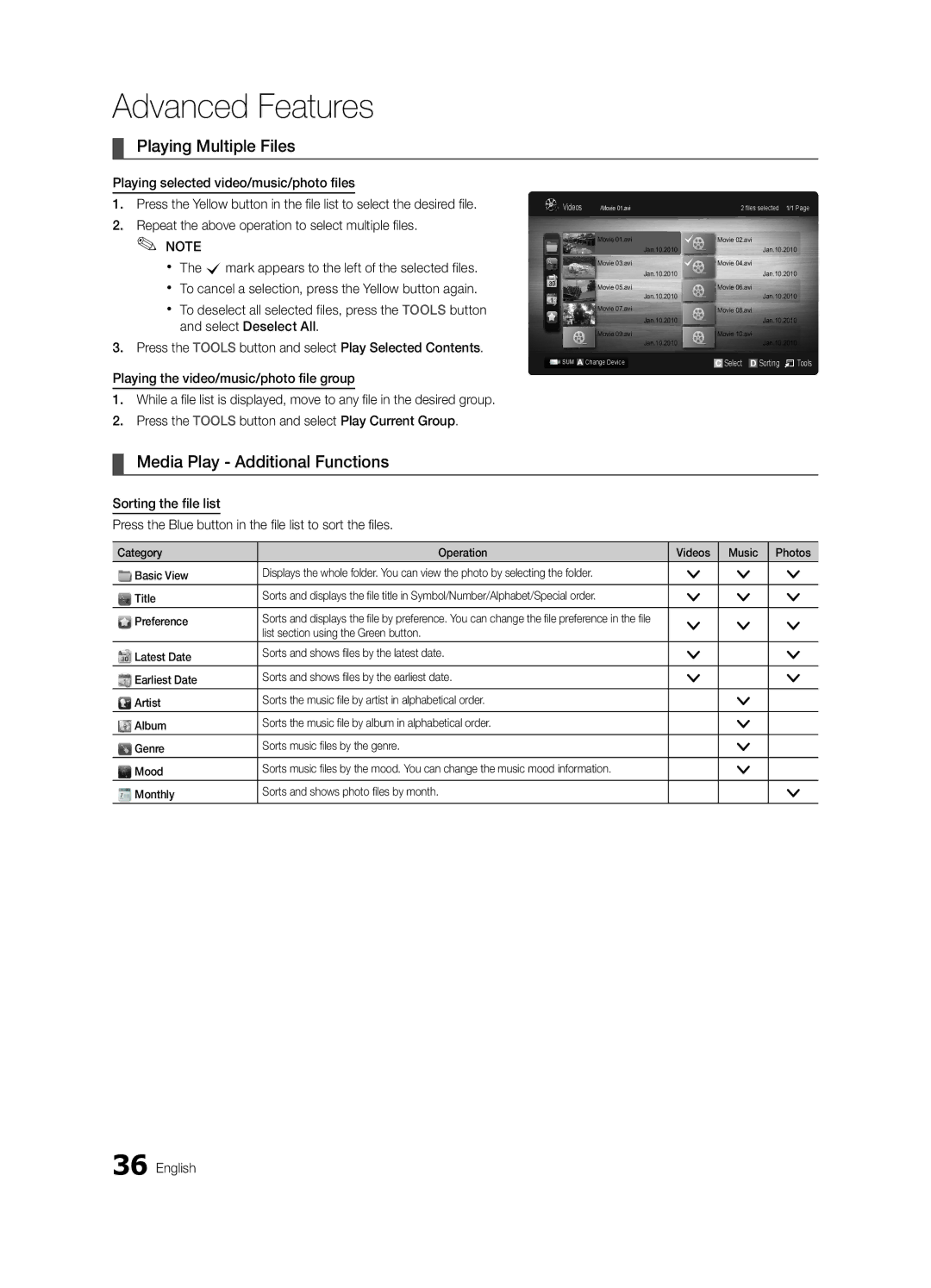 Samsung BN68-02625A-02 Playing Multiple Files, Media Play Additional Functions, List section using the Green button 