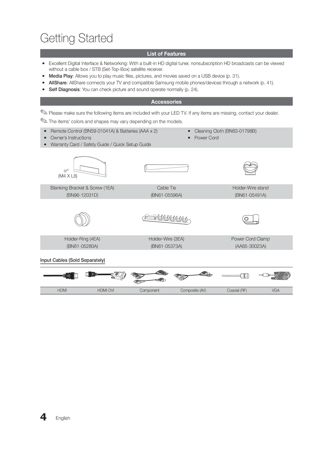 Samsung BN68-02625A-02, UN46C5000 List of Features, Accessories, Input Cables Sold Separately, Cleaning Cloth BN63-01798B 