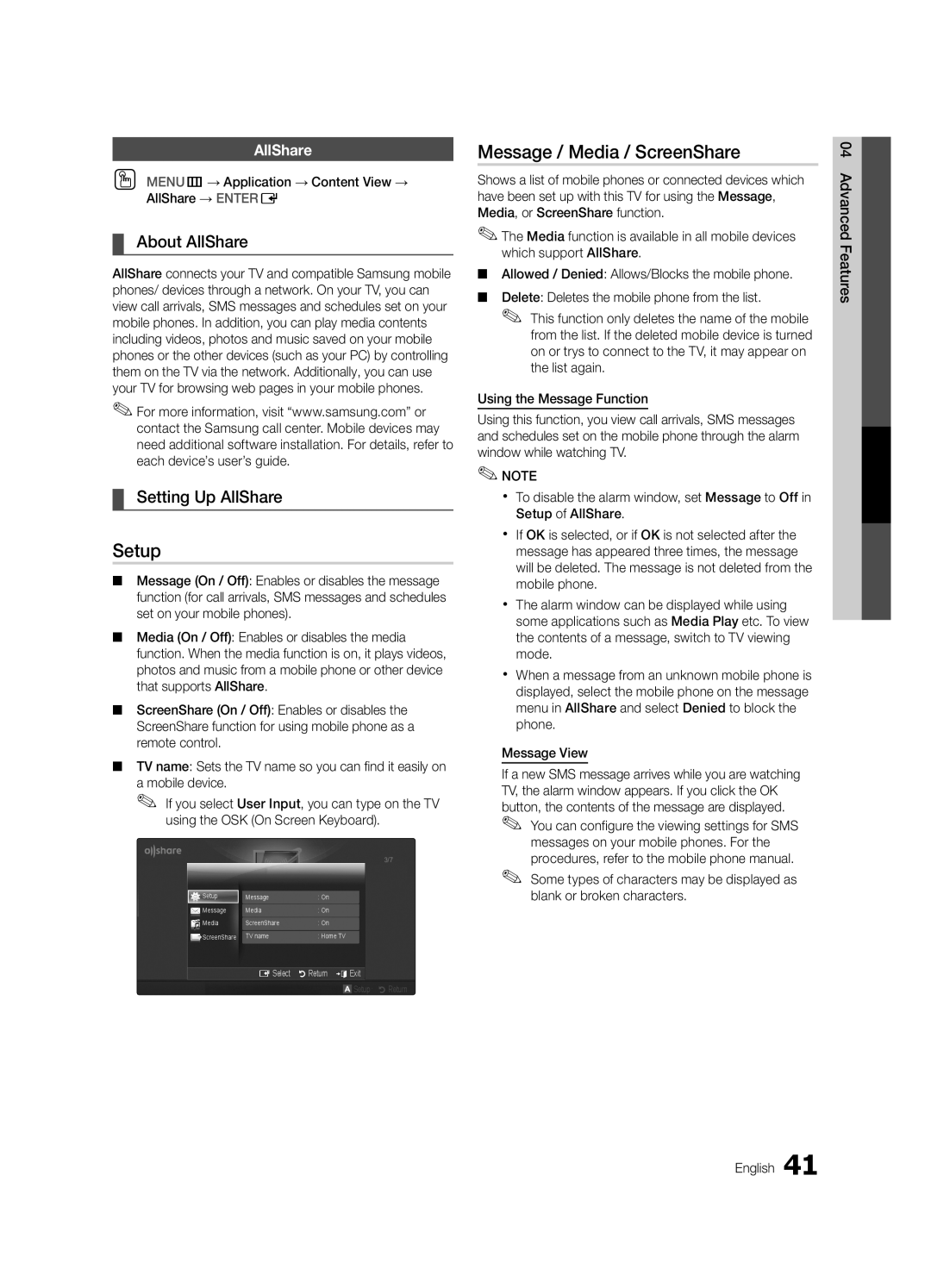 Samsung UN46C5000, BN68-02625A-02, UN37C5000 Setup, Message / Media / ScreenShare, About AllShare, Setting Up AllShare 