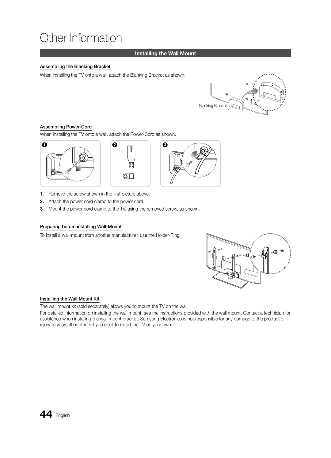 Samsung BN68-02625A-02, UN46C5000, UN37C5000, UN32C5000 user manual Installing the Wall Mount, Blanking Bracket 