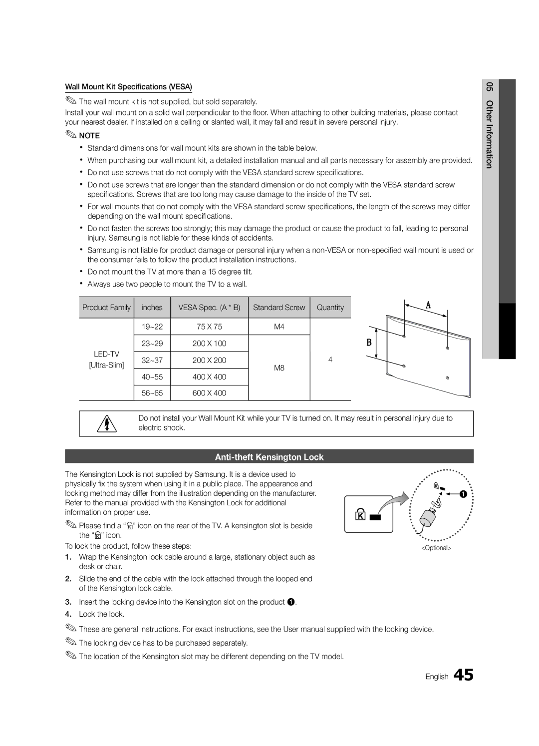 Samsung UN46C5000, BN68-02625A-02, UN37C5000, UN32C5000 user manual Anti-theft Kensington Lock 