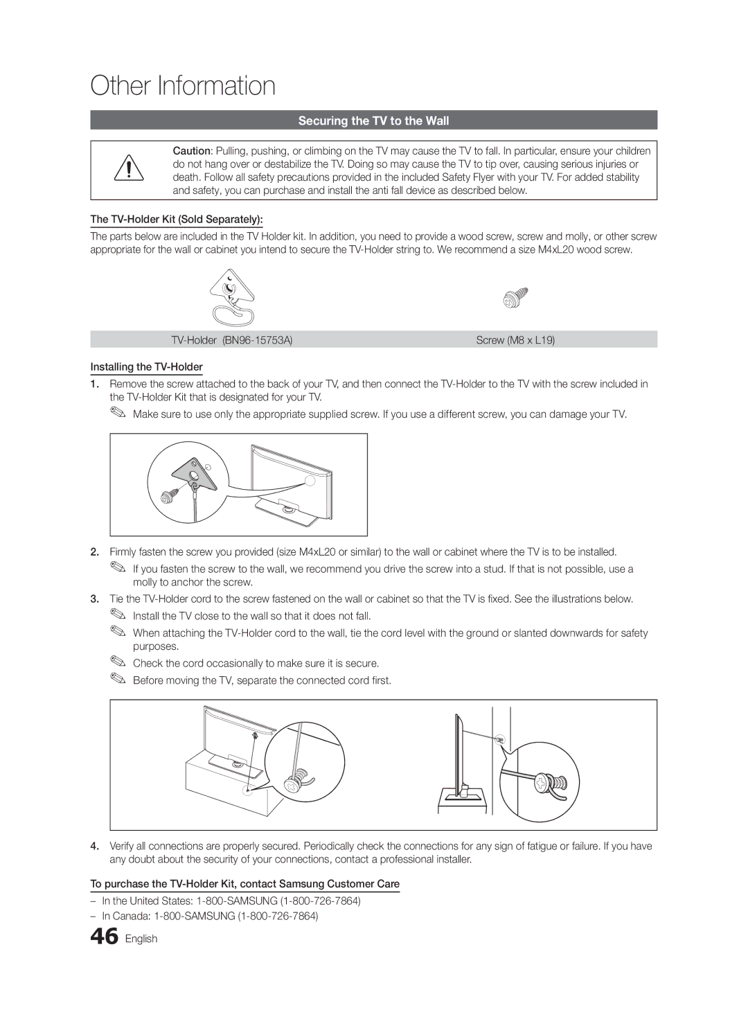 Samsung UN37C5000 Securing the TV to the Wall, TV-Holder Kit Sold Separately, TV-Holder BN96-15753A, Screw M8 x L19 