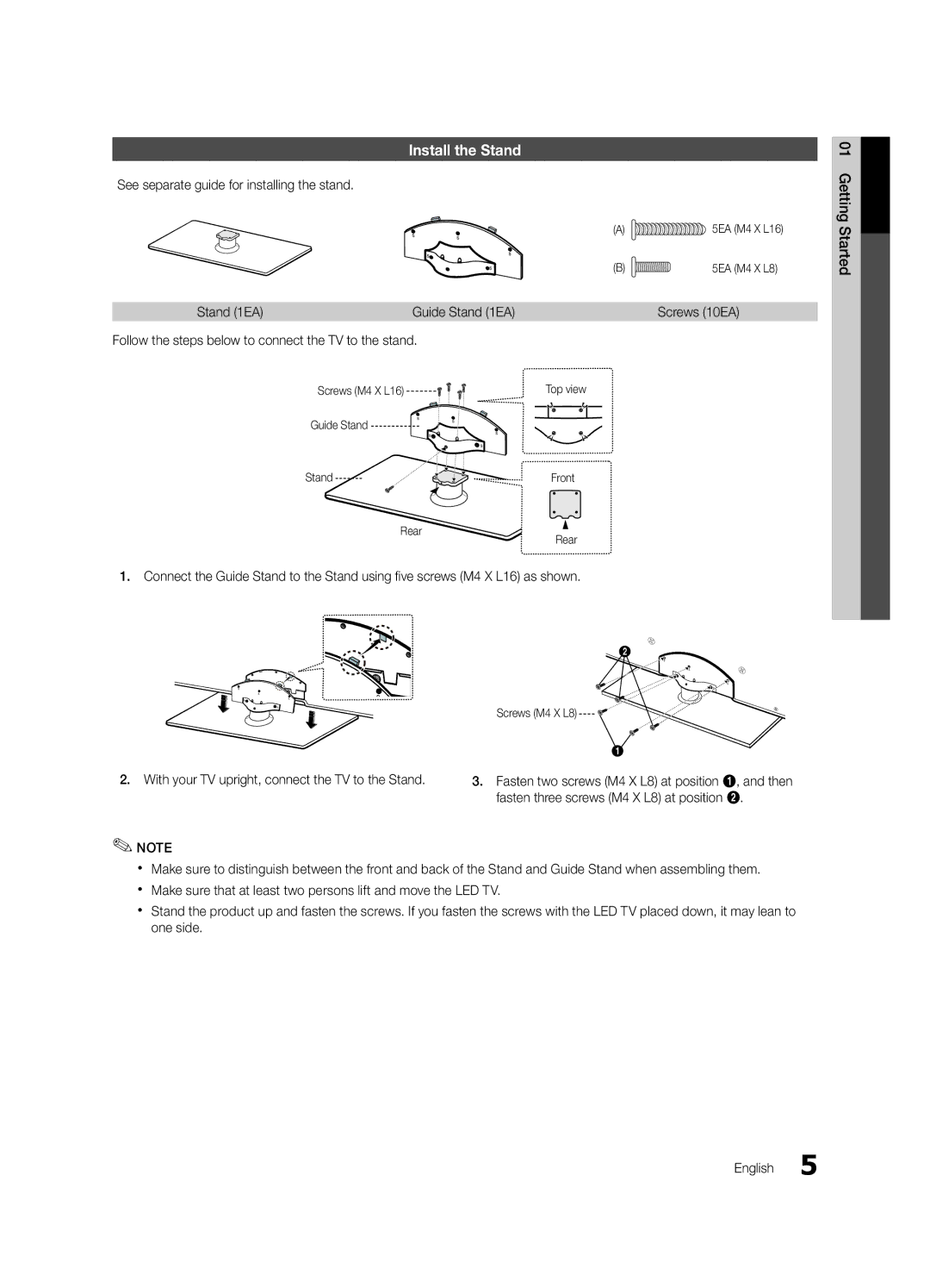 Samsung UN46C5000 Install the Stand, See separate guide for installing the stand Stand 1EA, Screws 10EA Getting Started 