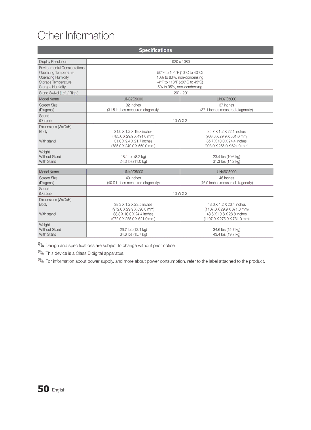 Samsung UN37C5000, BN68-02625A-02, UN46C5000, UN32C5000 user manual Specifications 