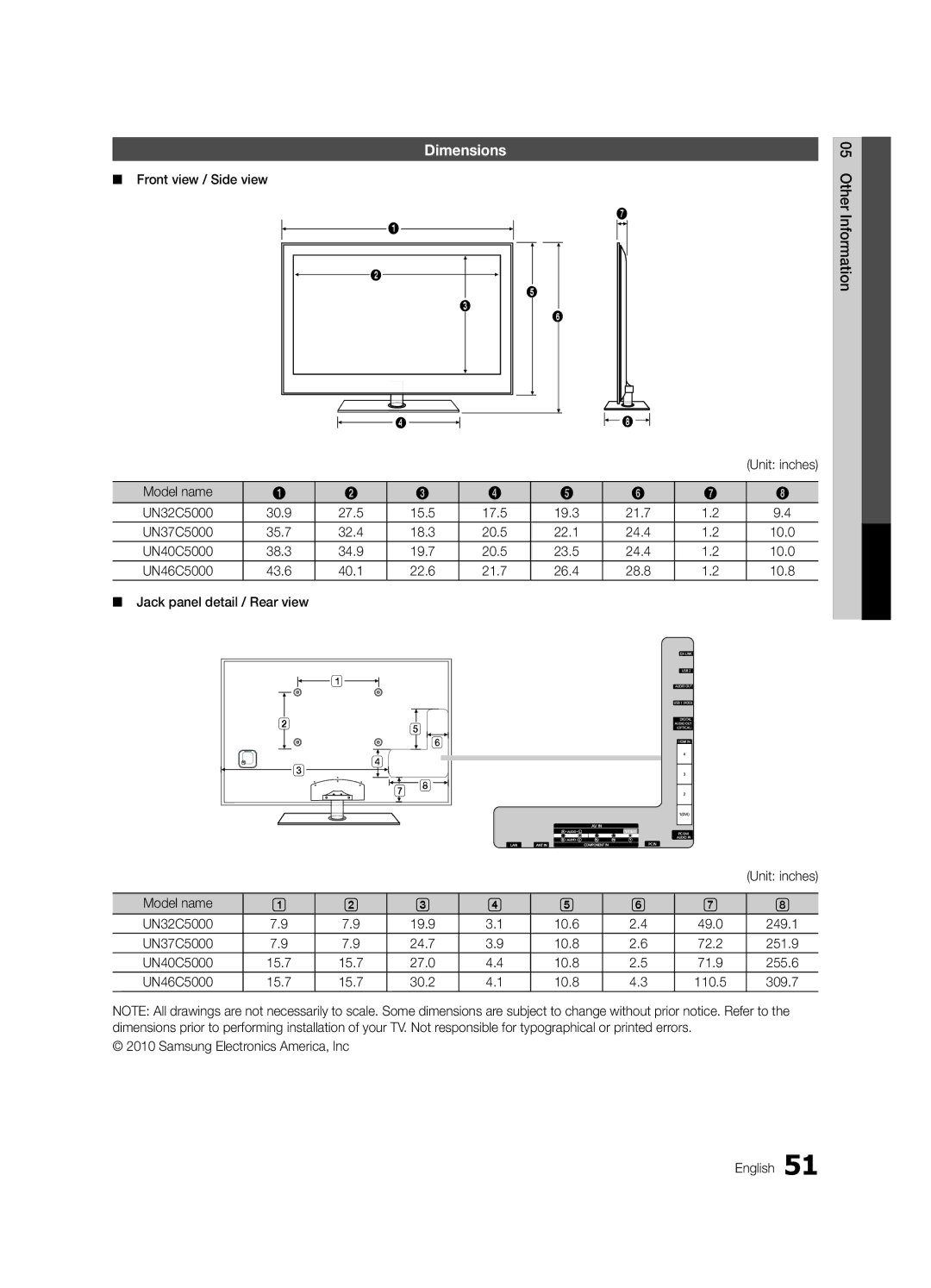 Samsung UN32C5000, BN68-02625A-02, UN46C5000, UN37C5000 user manual Dimensions 