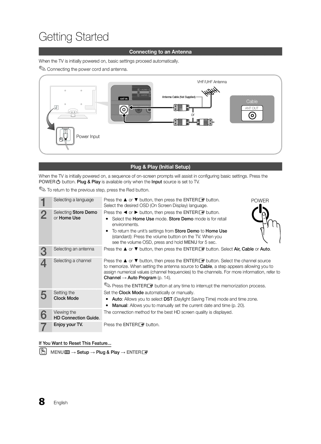 Samsung BN68-02625A-02, UN46C5000 Connecting to an Antenna, Plug & Play Initial Setup, Power Input, VHF/UHF Antenna 