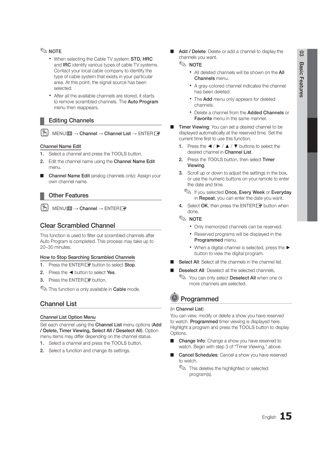 Samsung UC5000 user manual Clear Scrambled Channel, Programmed, Editing Channels, Other Features, Channel List Option Menu 