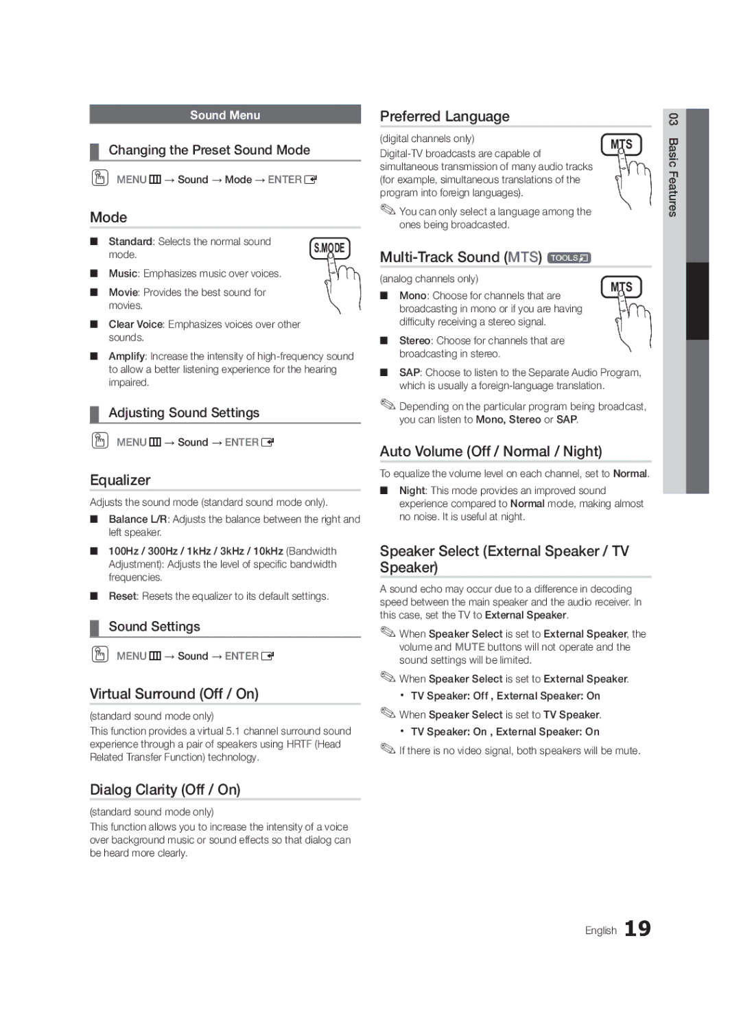 Samsung UC5000 Equalizer, Virtual Surround Off / On, Preferred Language, Multi-Track Sound MTS t, Dialog Clarity Off / On 