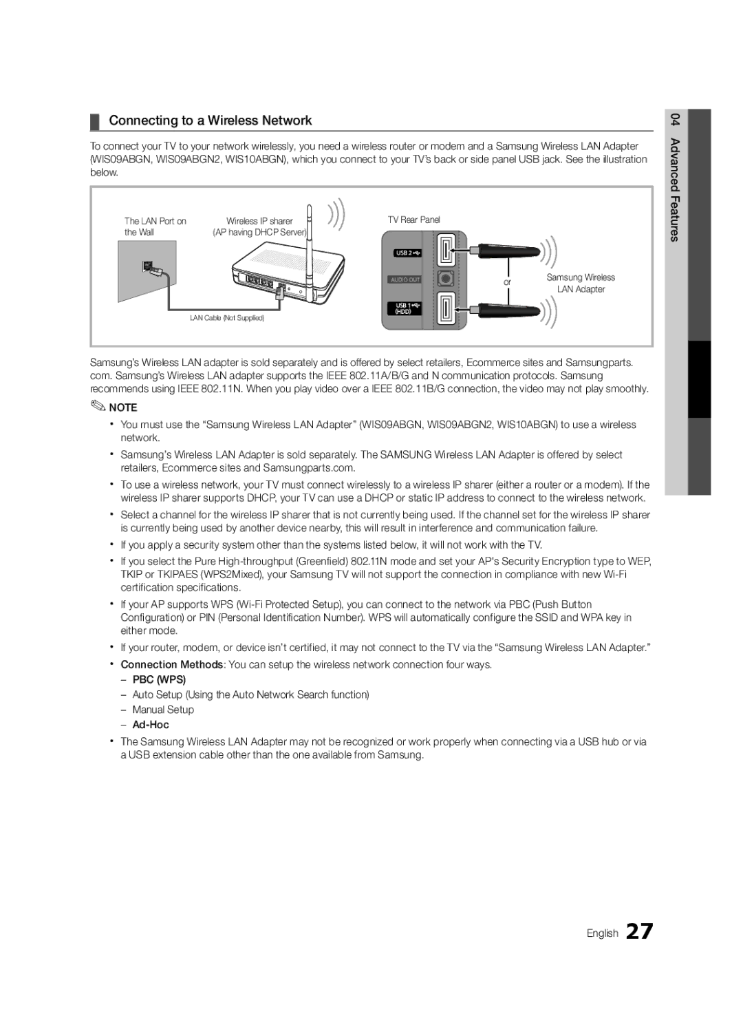 Samsung UC5000, BN68-02625A-03 user manual Connecting to a Wireless Network, Advanced, Below, Features 