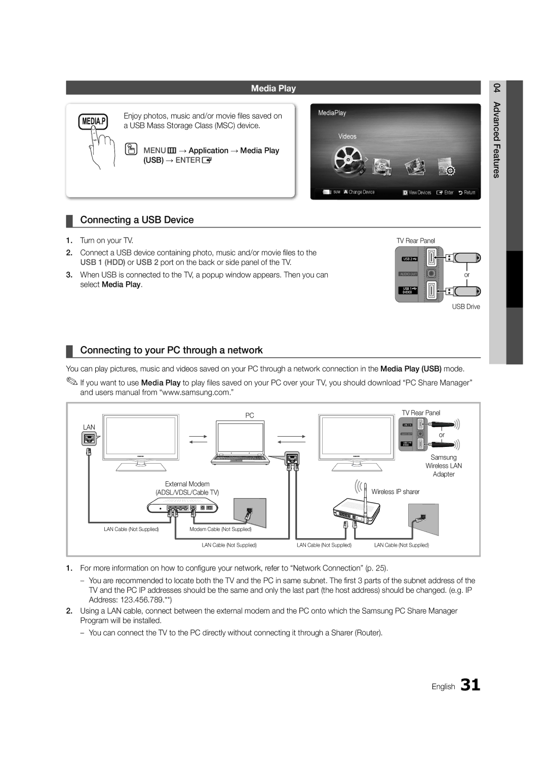 Samsung UC5000 Connecting a USB Device, Connecting to your PC through a network, USB Mass Storage Class MSC device 