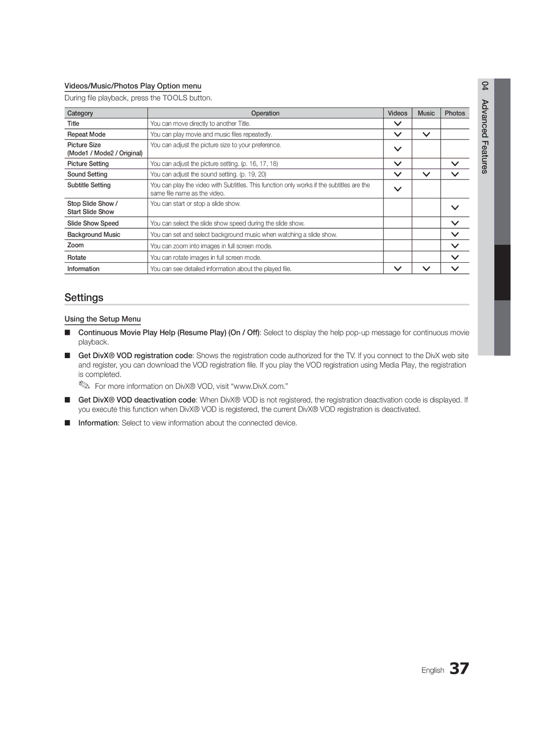 Samsung UC5000, BN68-02625A-03 user manual Settings 