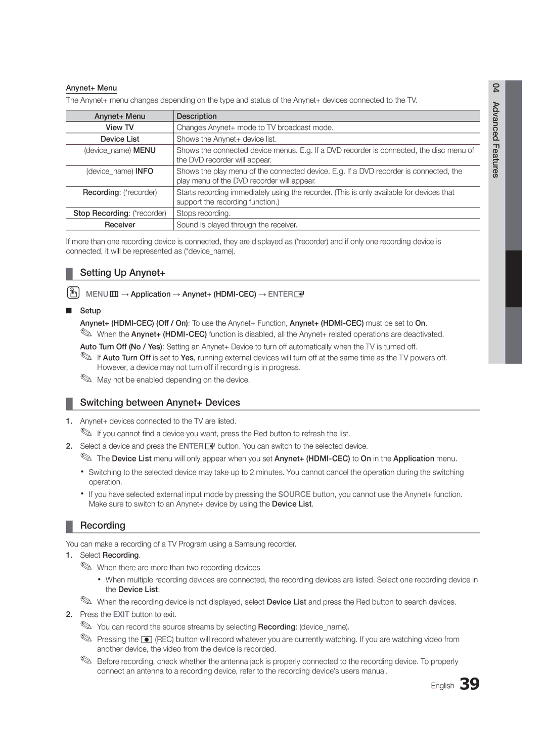 Samsung UC5000, BN68-02625A-03 user manual Setting Up Anynet+, Switching between Anynet+ Devices, Recording 