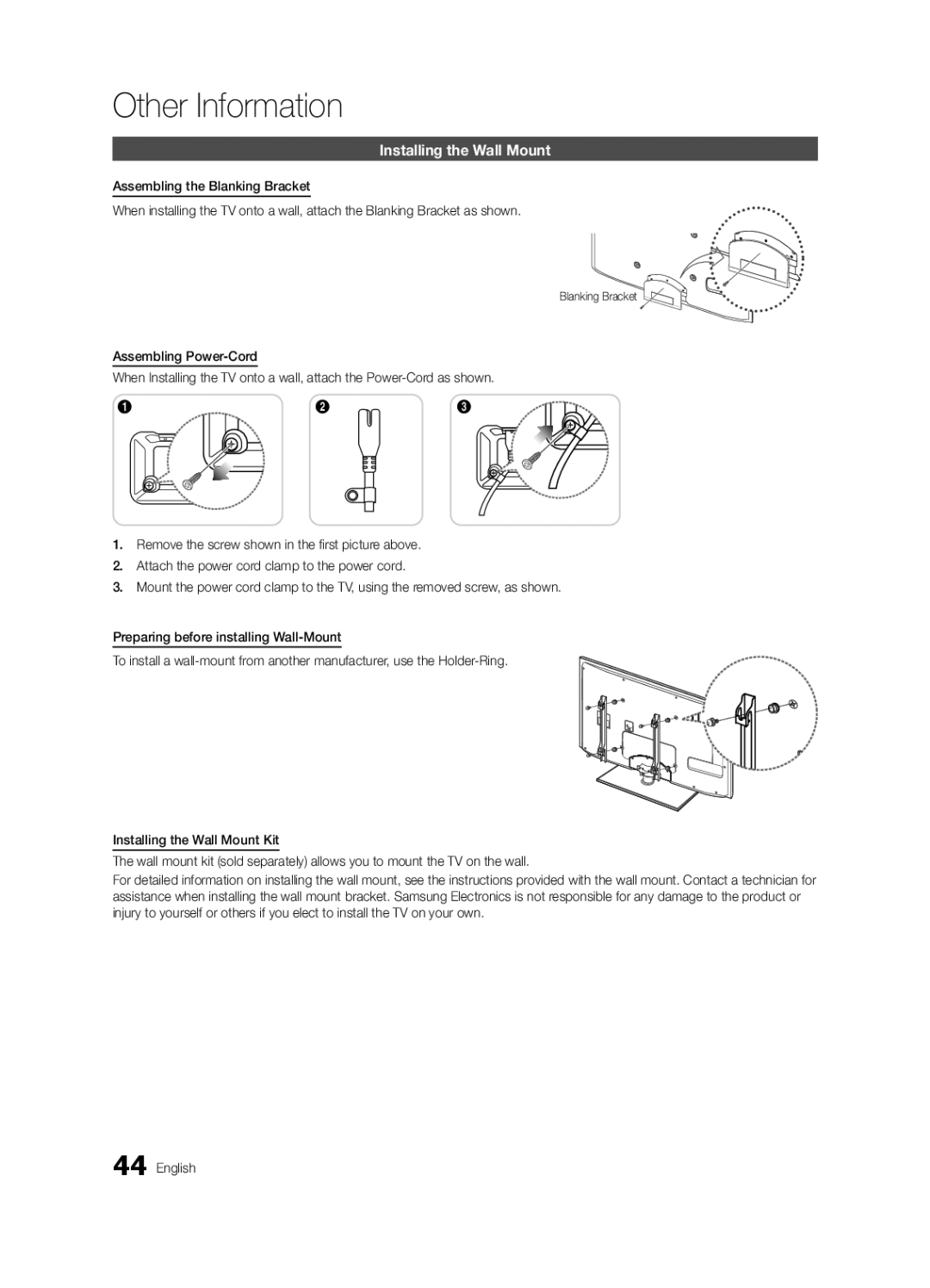 Samsung BN68-02625A-03, UC5000 user manual Installing the Wall Mount, Blanking Bracket 